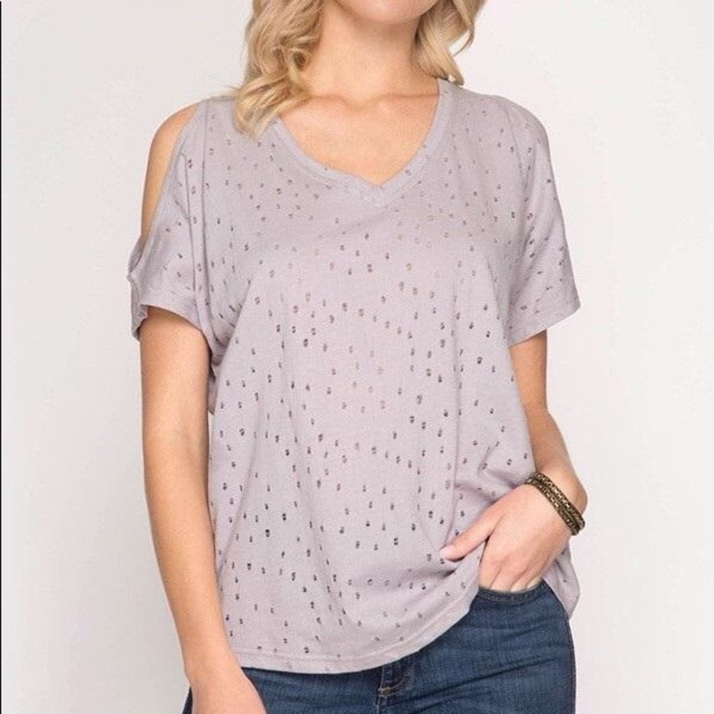 1 LEFT! Distressed Cold Shoulder Gray Top